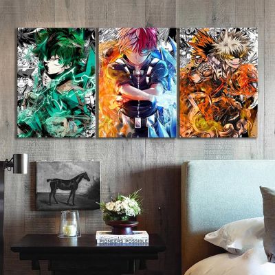 ▣ Wall Art ภาพวาดตกแต่งบ้าน My Hero Academia Anime 3 ชิ้น HD พิมพ์โปสเตอร์สมัยใหม่ผ้าใบ Cuadros รูปภาพแบบแยกส่วนสำหรับห้องนอน