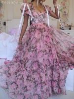 ✸◄ n4rn Bazaleas princesa rosa floral impressão organza vestido feminino vintage babados puff manga maxi vestidos longos