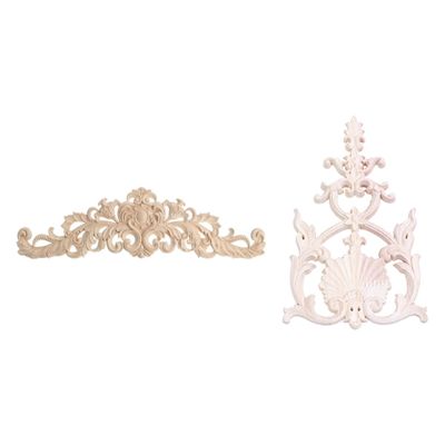2 Pcs Exquisite Classic Rubber Wood Carved Applique Furniture Natural Decal Wood Color