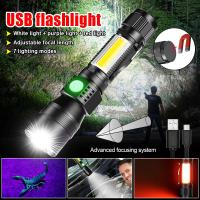 365nm UV Flashlight Rechargeable 3-in-1 Purple+white+red Bright Waterproof 7 Function Zoom COB Flashlight Camping Light Torch Rechargeable Flashlights