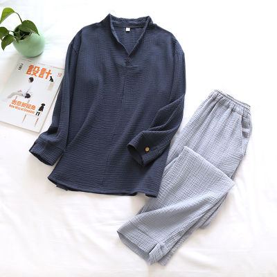 Japanese Spring And Autumn Couple Pajamas Long-sleeved Trousers 100 Cotton Crepe Home Service Two-piece Suit For Men And Women