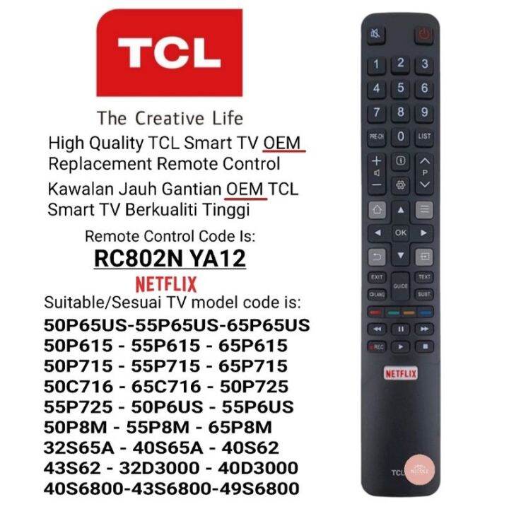 TCL RC802N YA12 Smart TV OEM Replacement Remote Control with NETFLIX ...