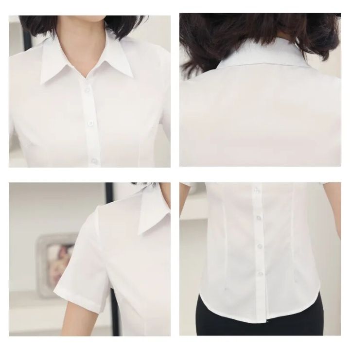 เสื้อเชิ้ตทำงานแขนสั้นแข็งคอวี2023สำหรับผู้หญิงแฟชั่นเสื้อสวยและราคาถูกเสื้อผู้หญิง-ol-สีขาว