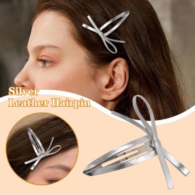 Silver Leather Bow BB Clip Side Bangs Hair Clip Niche Headwear Temperament Duckbill Hair Clip Ins Clip M2M9
