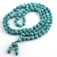 Free Shipping Bohemian Jewelry Blue Long Knotted Tibetan Buddhism 108 bone Skull Heads Prayer Bead Mala Necklace