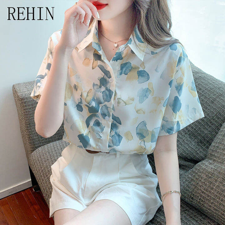 rehin-เสื้อผู้หญิงสำหรับฤดูร้อนใหม่สไตล์ฮ่องกง-เสื้อเสื้อผู้หญิงแขนสั้นผู้หญิงดีไซน์บางผ้าชีฟองลายดอกไม้เก๋ไก๋