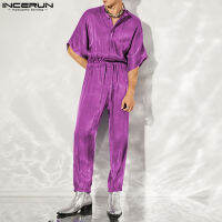 INCERUN Men Drawstring Cargo Zipper Hippy Shiny Short Sleeve Jumpsuits (สไตล์ตะวันตก)