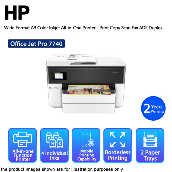HP OfficeJet Pro 7740 Wide Format A3 Color Inkjet All-in-One Printer -  Print Copy Scan Fax ADF Duplex