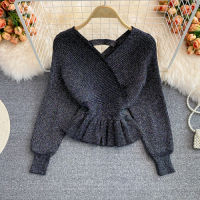 OCEANLOVE Shining Short Pull Femme Korean Solid Ruffles Batwing Sleeve Vintage  Sweaters Women V Neck Sueter De Mujer