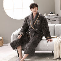 TOP☆Winter Bath Robe Coral Fleece Men Bathroom Robe Men Bathrobe Men Flannel Quilted Pajama Thick Long Spa Robe Shower Homewear