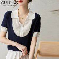 OULINNA เสื้อยืดเสื้อเชิ้ตมีปกปลอม2ชิ้นสำหรับผู้หญิง,เสื้อยืดน้ำแข็งบางทรงหลวมลดอายุตะวันตกเสื้อโปโลมีสไตล์ฝรั่งเศสเสื้อสเวตเตอร์ผ้าไหม