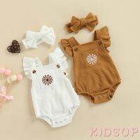 COD DSFERTEREERRE KIDSUP-Baby Girl Romper Floral Pattern Ruffle Sleeve Bottom Snap Jumpsuit with Solid Color Hair Set