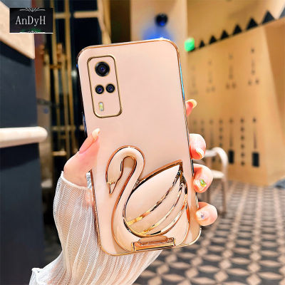 AnDyH Phone case For Vivo Y31 Y51 2020 Y51s Y51A Y53s Case New 3D Swan Retractable Stand Phone Case Plating Soft Silicone Shockproof Casing Protective Back Cover
