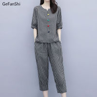 Summer Womens 2Pcs Plaid V-neck Blouse Pants Office Lady Two Pieces Set Casual Fashion Tops And Ankle-length Trousers Sets