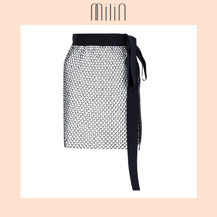 milin-mini-mesh-crystal-net-wrap-skirt-กระโปรงผ้าตาข่าย-ประกับคริสตัล-ทรงผูกเอว-one-way-skirt-สีดำ-black