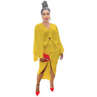 Women Dress Pleated Bodycon Big Flare Sleeves High Slit Sexy V Neck White Yellow Slim Party Night Date Out Fashion Female Robes