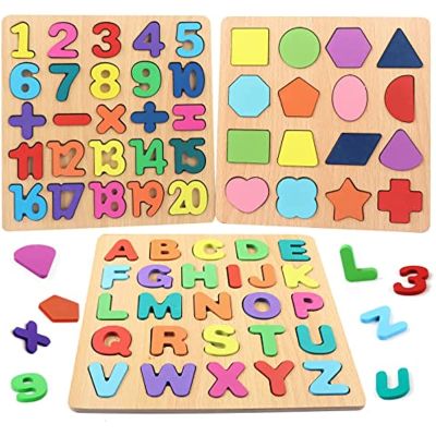Wooden Puzzles for Toddlers Wooden ABC Alphabet Number Shape Puzzles Toddler Early Learning Puzzle Toys for Kids 1-3 Years Old