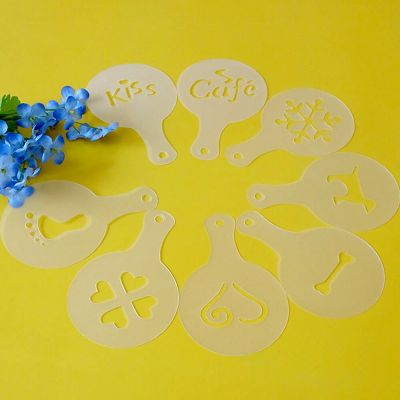 ；【‘； Reusable Mold Coffee Milk Cake  Cupcake Stencil Template Coffee Barista Cappuccino Template Strew Pad Duster Spray Tools 13 Type