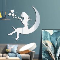 3D Love Heart Girls Moon Mirror Wall Stickers Creative Acrylic Waterproof Self-adhesive Wall Decals Mural DIY Home Decoration Wall Stickers  Decals