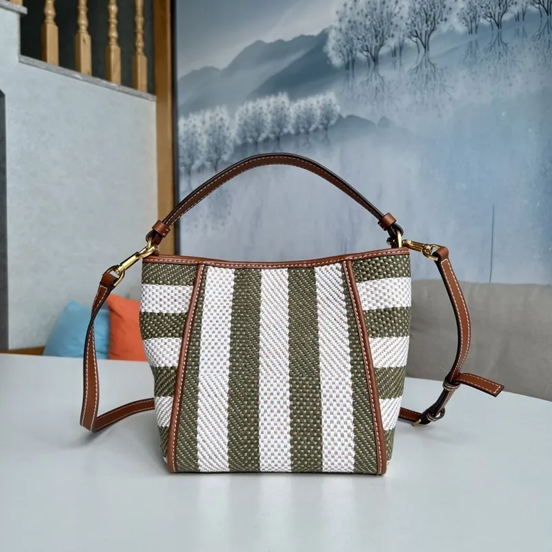 Shipping From Hong Kong】Tory Burch new deformation shopping bag striped  bucket bag linen with cowhide hand bill of lading shoulder bag fashion  women's bag | Lazada PH