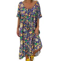 ZZOOI MISSOMO 5XL Dress Women Summer Dress Loose Boho Dress bohemian Print Short Sleeve Long Maxi Dress Vestidos Plus Size Dresses 47