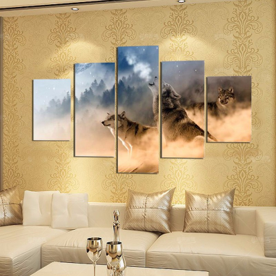 5ชิ้น Wall Art ผ้าใบ Paintes ฤดูหนาว Misty Morning Forest Wolves สัตว์ภาพวาดโปสเตอร์สำหรับตกแต่งห้องนั่งเล่น Pictures