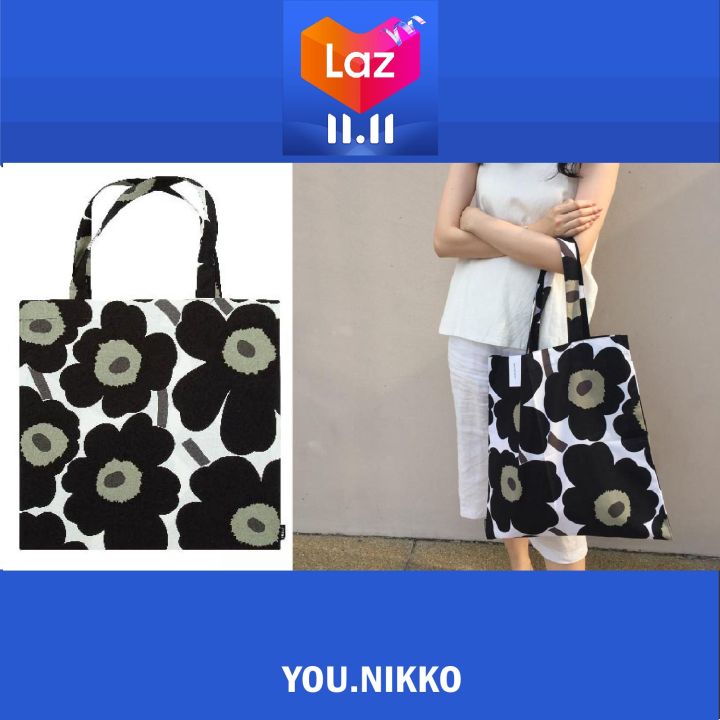 [Best seller No.1] กระเป๋าผ้า Marimekko - ดอกสีดำ YOU.NIKKO  ของแท้ 100% มีป้ายแท๊ก ส่งฟรี (ถุงผ้า,กระเป๋าผ้าสะพายข้าง,มาริเมกโกะ,ถุงผ้าลดโลกร้อน)