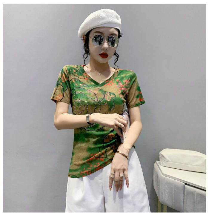 rehin-ของผู้หญิงด้านบนคอวีเจาะร้อนพิมพ์แขนสั้นเสื้อยืดเวอร์ชั่นเกาหลีใหม่สลิมฟิต-s-3xl-สง่างามเสื้อ