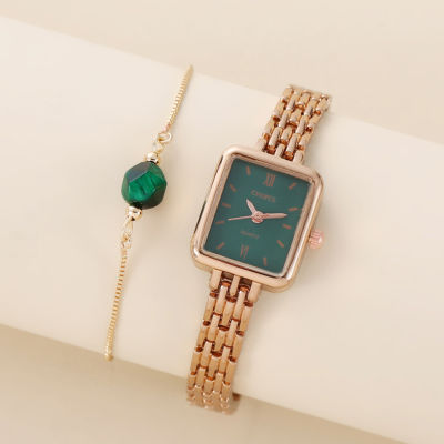 สร้อยข้อมือสายรัดเหล็กสี่เหลี่ยมสีทองนาฬิกาผู้หญิงนาฬิกาข้อมือโซ่แบบเรียบง่าย + ของขวัญ Gelang Zamrud สำหรับสุภาพสตรี