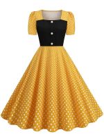 HOT★สแควร์กระดุมคอเสื้อ Vintage ชุดเดรสปาร์ตี้ผู้หญิงฤดูร้อนแขนสั้น Elegant Polka Dot Line Sundress