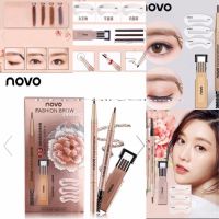 novo5146 Hot สุดๆ(ใหม่/ของแท้) โนโว Novo Eyebrow ดินสอเขียนคิ้ว แถมไส้ดินสอ + บล๊อกคิ้ว 3 ชิ้น Gold set