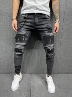 Men Ripped Skinny Zipper Jeans Black Patchwork Biker Hip Hop Pencil Pants 2021 Locomotive Denim Pants Streets Draped Jeans Male