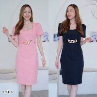 (S-XL) เดรสสั้นคอเหลี่ยม แต่งห่วงโซ่คาดเอว [IFY1117] - ICANDIDSHOP