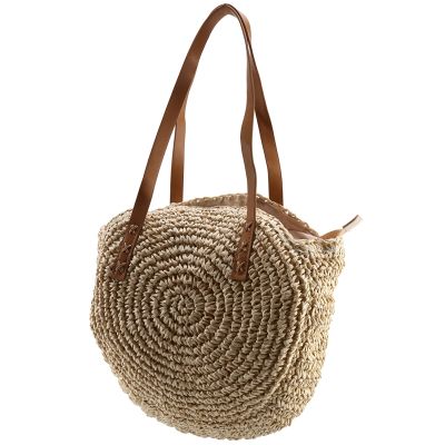 Round Straw Beach Bag Vintage Handmade Woven Shoulder Bag Raffia Circle Rattan Bags Bohemian Summer Vacation Casual Bags