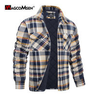 MAGCOMSEN ผู้ชายลายสก๊อตสักหลาดแจ็คเก็ตที่อบอุ่นหนาแขนยาวฤดูหนาวเสื้อแจ็คเก็ตด้วยผ้าฝ้ายผ้าเรียงรายฤดูใบไม้ร่วง Windproof เสื้อ