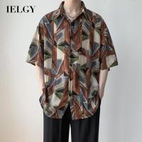 IELGY เสื้อเชิ้ตลายดอกแขนสั้นผู้ชายย้อนยุคสไตล์ฮ่องกง