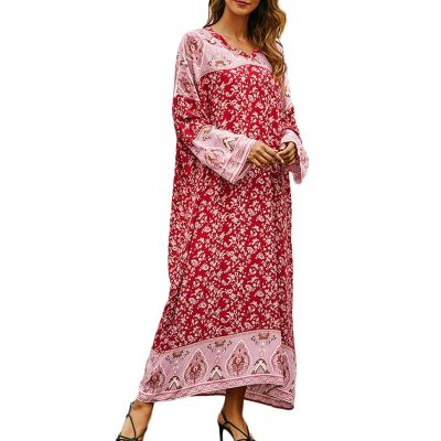 ผู้หญิงมุสลิมหลวมยาว Robe Beach Cover Up ชาติพันธุ์ Contrast สีพิมพ์ลายดอกไม้ Kaftan V คอ Flare Sleeve Maxi Dress