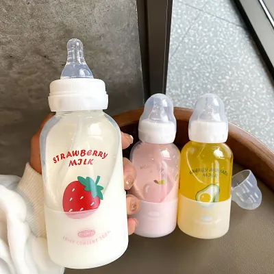 300Ml Cute Cartoon Fruit Glass Pacifier Bottle Straw Cup Suitable for Children Christmas New Year Gift
