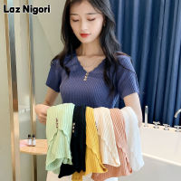 Laz Nigori เสื้อยืดสำหรับผู้หญิงใหม่ผ้าไหมน้ำแข็งแขนสั้นเสื้อยืดหลวมแขนสั้นเวอร์ชั่นเกาหลีปุ่มคอวีด้านบนถักเสื้อบอททอม