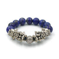 LAPIS LAZULI หินลาพิส ลาซูรี่ ขนาด 12 มม. ประดับปี่เซียะคู่เงินลงยา สร้อยข้อมือหินแท้ by siamonlineshop