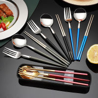 Portable 304 Stainless Steel Chopsticks Spoon Fork Set Cutlery Set Reusable Tableware Utensil Dinnerware Set with Storage for Home Outdoor School Office