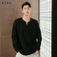 ASRV เสื้อยืดแขนยาวผู้ชาย,เสื้อยืดแขนยาวหยักสีทึบบาง