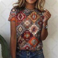 Ethnic Aztec Pattern T-shirts For Female Summer Casual Bohemian O-neck Short Sleeve Tops Girls Loose Oversized Pullover Tees