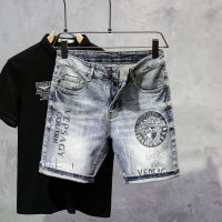 Celana Pendek Denim ผู้ชายทรงสลิมฟิตยืดหยุ่นสูงเข้าได้กับทุกชุดเสื้อผ้าสุดเท่พิมพ์ลายห้าจุดสุดอินเทรนด์