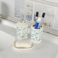 ♛ Set of 3 Plastic Printing Bathroom Accessories Set Soap Dispenser Toothbrush Holder Soap Dish Set