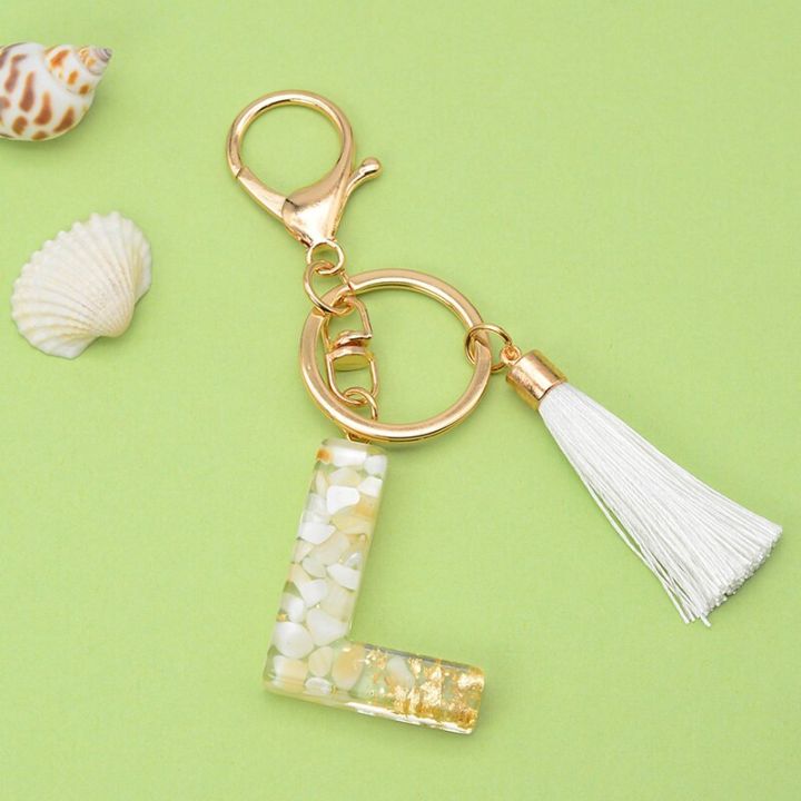white-tassel-gold-color-foil-letter-keychain-english-words-keyring-glitter-gradient-resin-crafts-gold-leaf-car-handbag-pendant-key-chains
