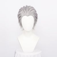 Mens Synthetic Vergil Cosplay Wig Short Silver Grey Slicked-Back Hair Heat Resistant Hair Wig + Wig Cap