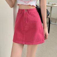 【CW】 2023 rose red denim knee length women street casual pocket high waist straight new style