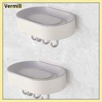 VERMILL 2Pcs กับท่อระบายน้ำ จานสบู่ ไม่มีการเจาะ พร้อมตะขอ6อัน ที่วางสบู่ ใช้งานได้จริง พลาสติกทำจากพลาสติก กล่องใส่สบู่ ฝักบัวห้องน้ำห้องครัว