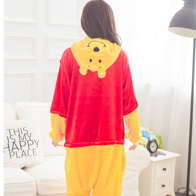 Women Kigurumi Winnie Bear Pajamas Sets Flannel Hood Animal Pajamas Adult Winter Onesies Nightie Pyjamas Sleepwear Homewear